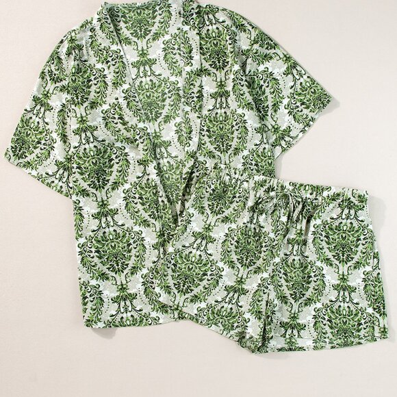 Green Vintage Floral Print Open Top and Shorts 2 Piece Set - Picture 4 of 11